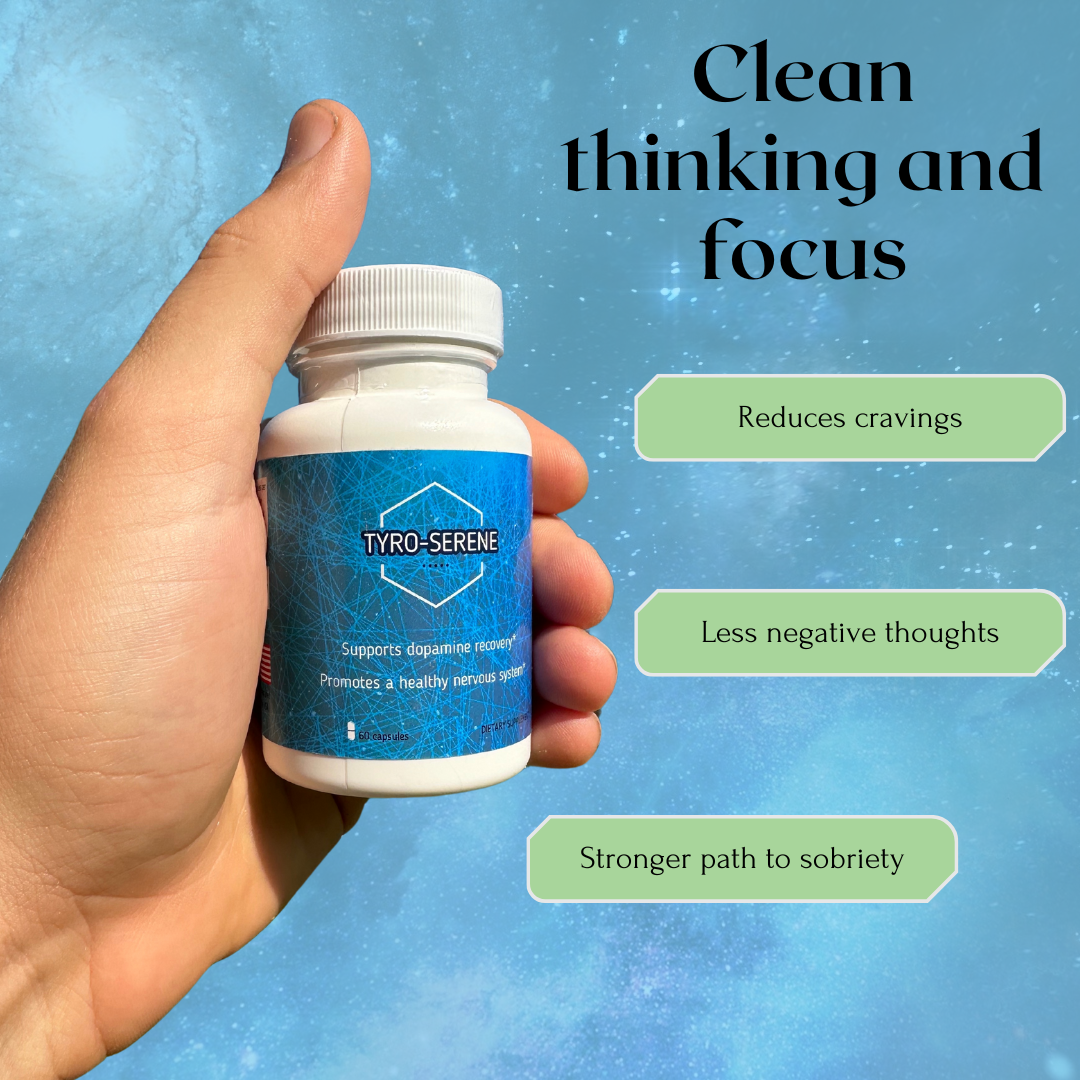 Tyro-Serene bottle held in hand, promoting dopamine recovery and cognitive support for sobriety.