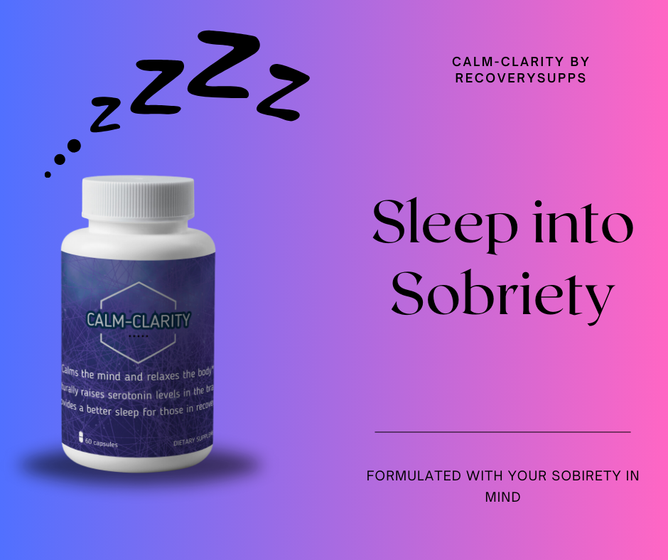 Calm-Clarity sleep support supplement bottle for recovery, promoting restful sleep and sobriety.